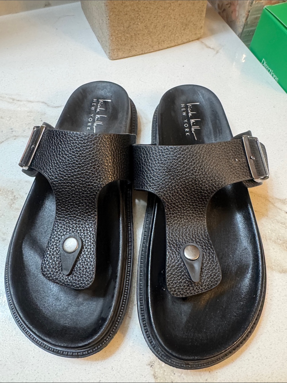 Nicole Miller New York Black Textured Leather Toe-Post Slide Sandals